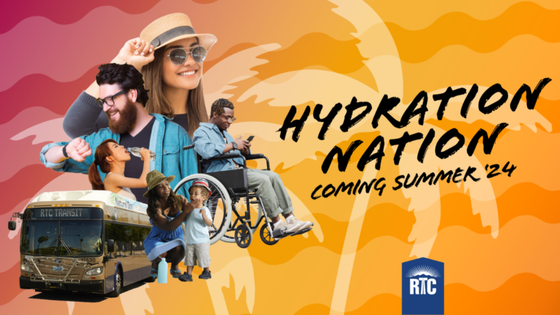 Summer Heat creative with Hydration Nation and people in front of an RTC bus doing what it takes to beat the heat.