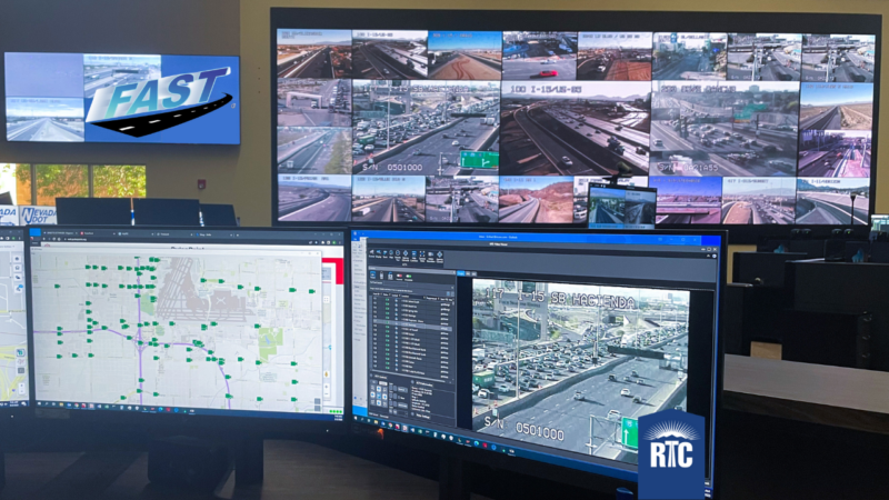 A picture from the "war room" of FAST with different monitors showing traffic throughout the Las Vegas valley.